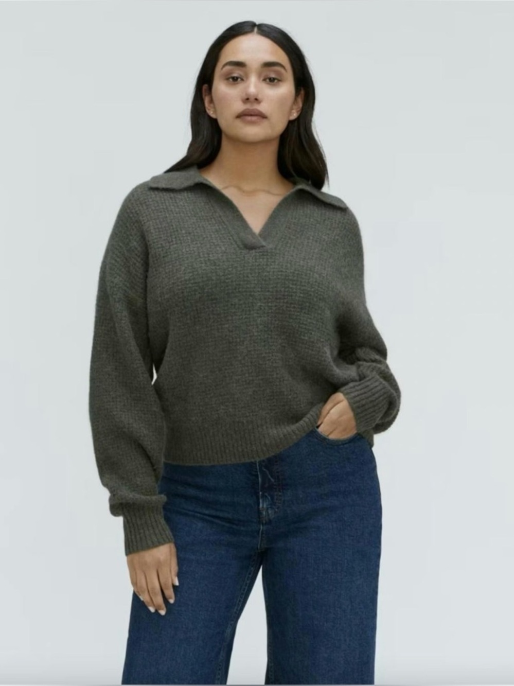 Everlane Alpaca Merino Wool Collared Capsule Cozy Sweater Green Size Small